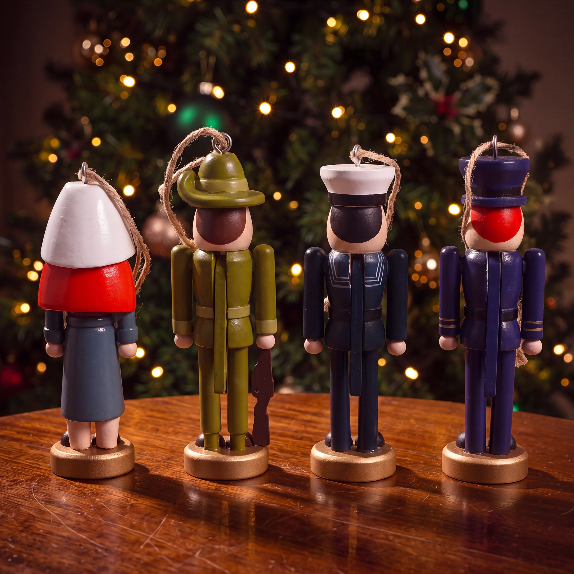 The back view of christmas military nutcracker ornaments with christmas tree in the background